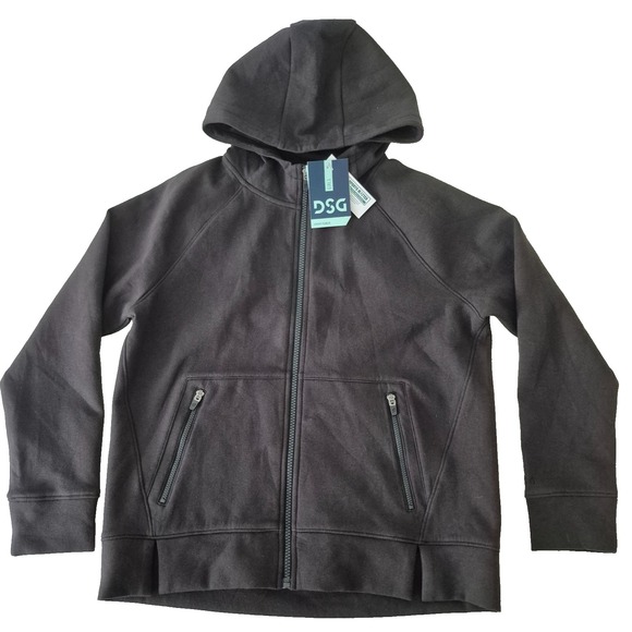 DSG Sport Fleece Full Zip Hoodie Girls Large Black Zip Pockets Sweatshirt Jacket - Picture 1 of 7